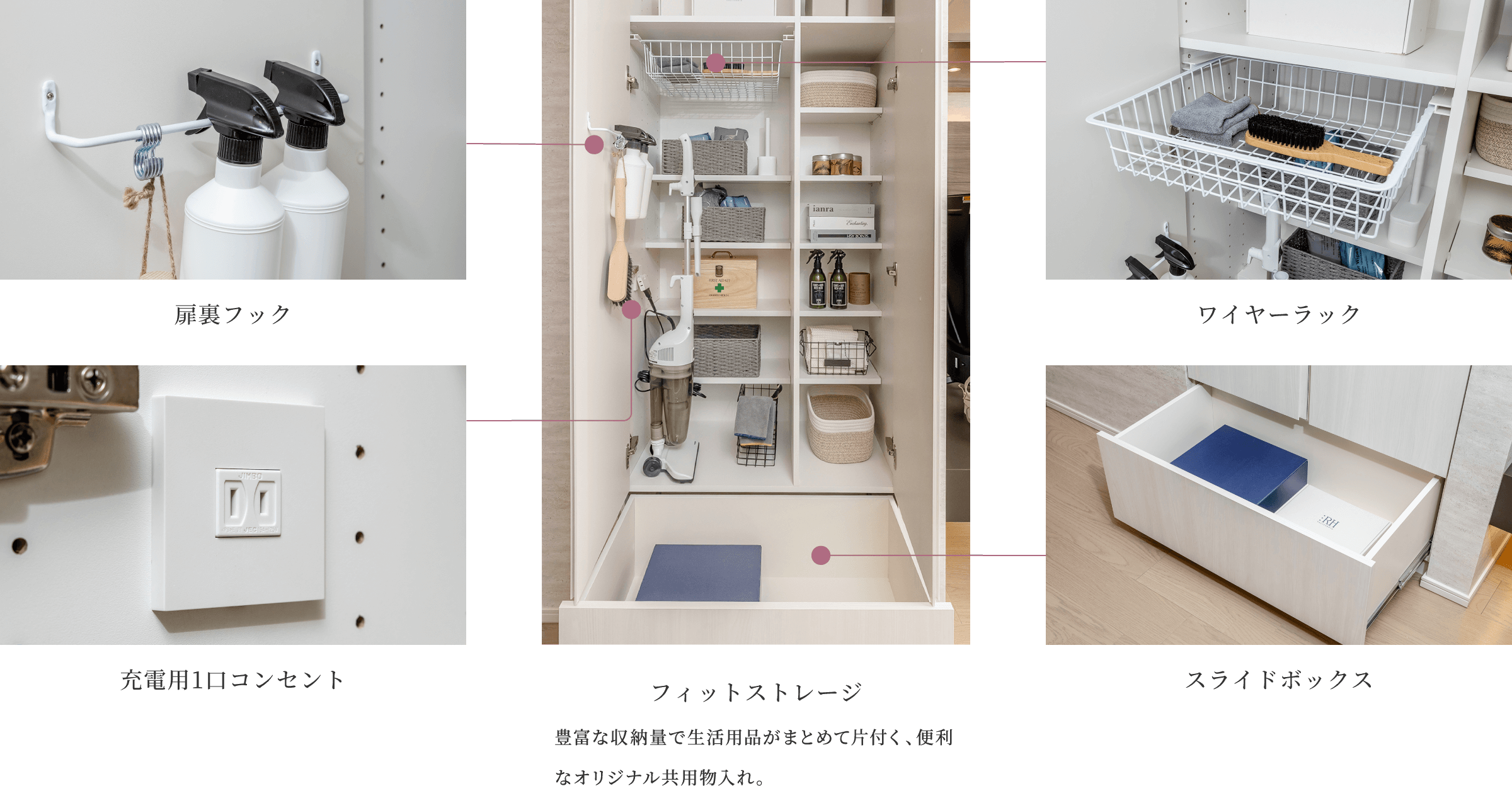 フィットストレージ 豊富な収納量で生活用品がまとめて片付く、便利なオリジナル共用物入れ。扉裏フック・ワイヤーラック・充電用1口コンセント・スライドボックス