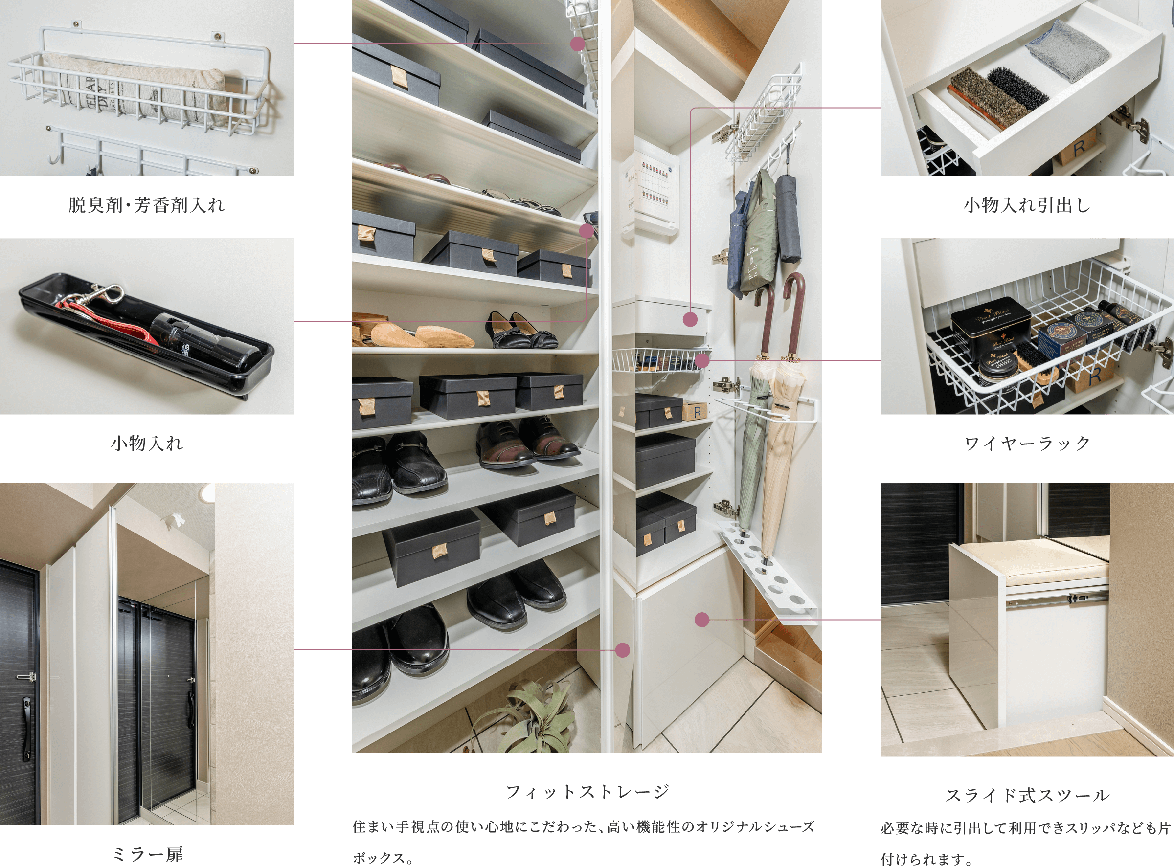 フィットストレージ 住まい手視点の使い心地にこだわった、高い機能性のオリジナルシューズボックス。脱臭剤・芳香剤入れ、小物入れ・小物入れ引き出し・ワイヤーラック・ミラー扉・スライド式スツール